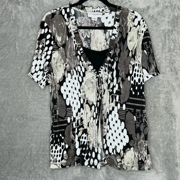 Sag Harbor 1X Shirt Top Gray Floral Short Sleeve Scoop
Neck Layered Casual - Picture 1 of 7